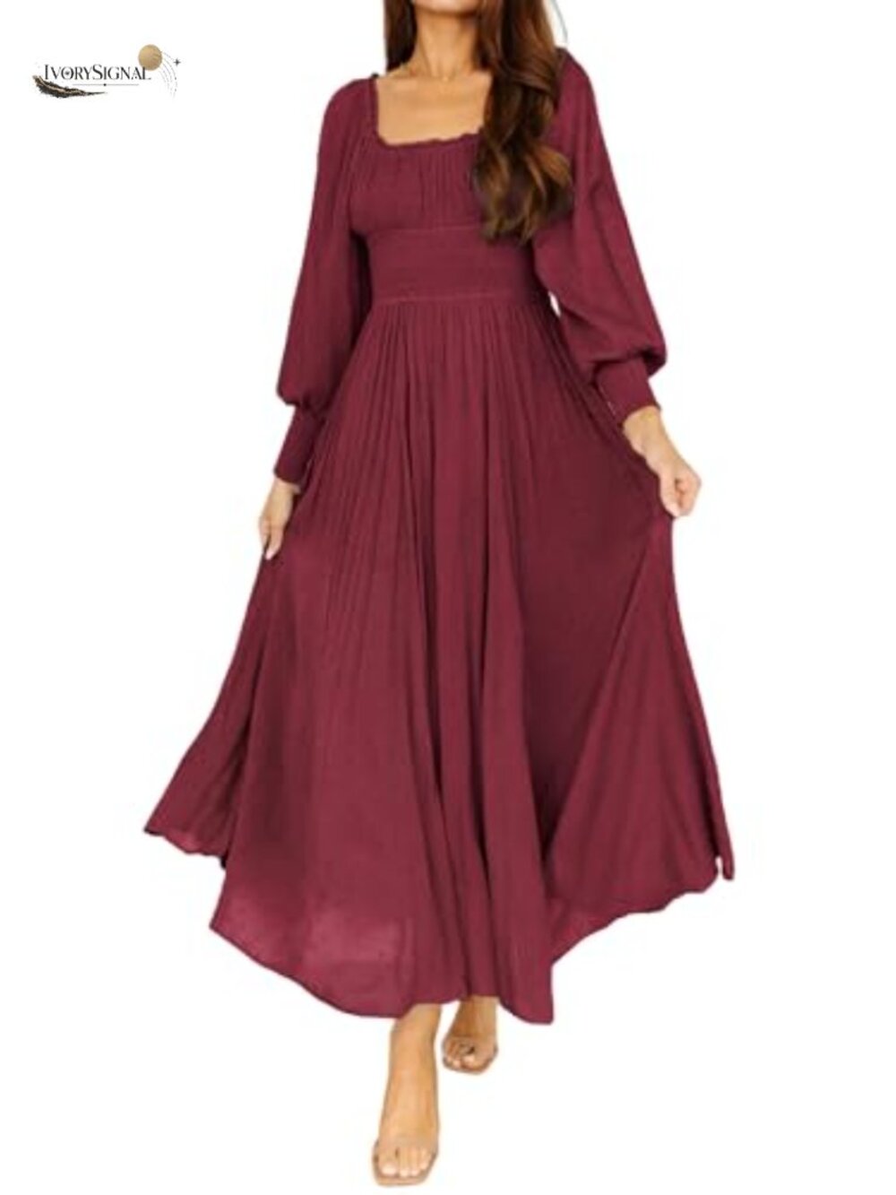 Womens Elastic Empire Waist A-Line Maxi Dress Long Puff Sleeve Square Neck